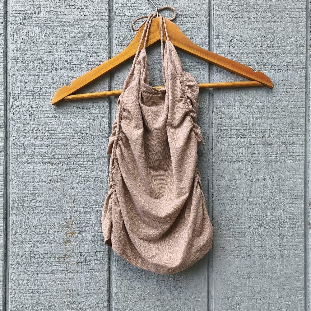 y2k Guess Jeans Ruched Metallic Halter Top XS Gold It Girl Club Flirty Romantic